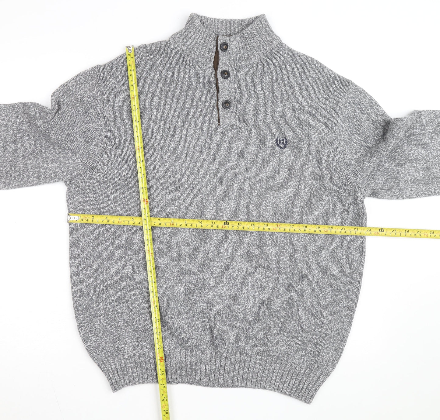 Chaps Men's Grey XL Henley Knit Jumper with Suede Elbow Patches