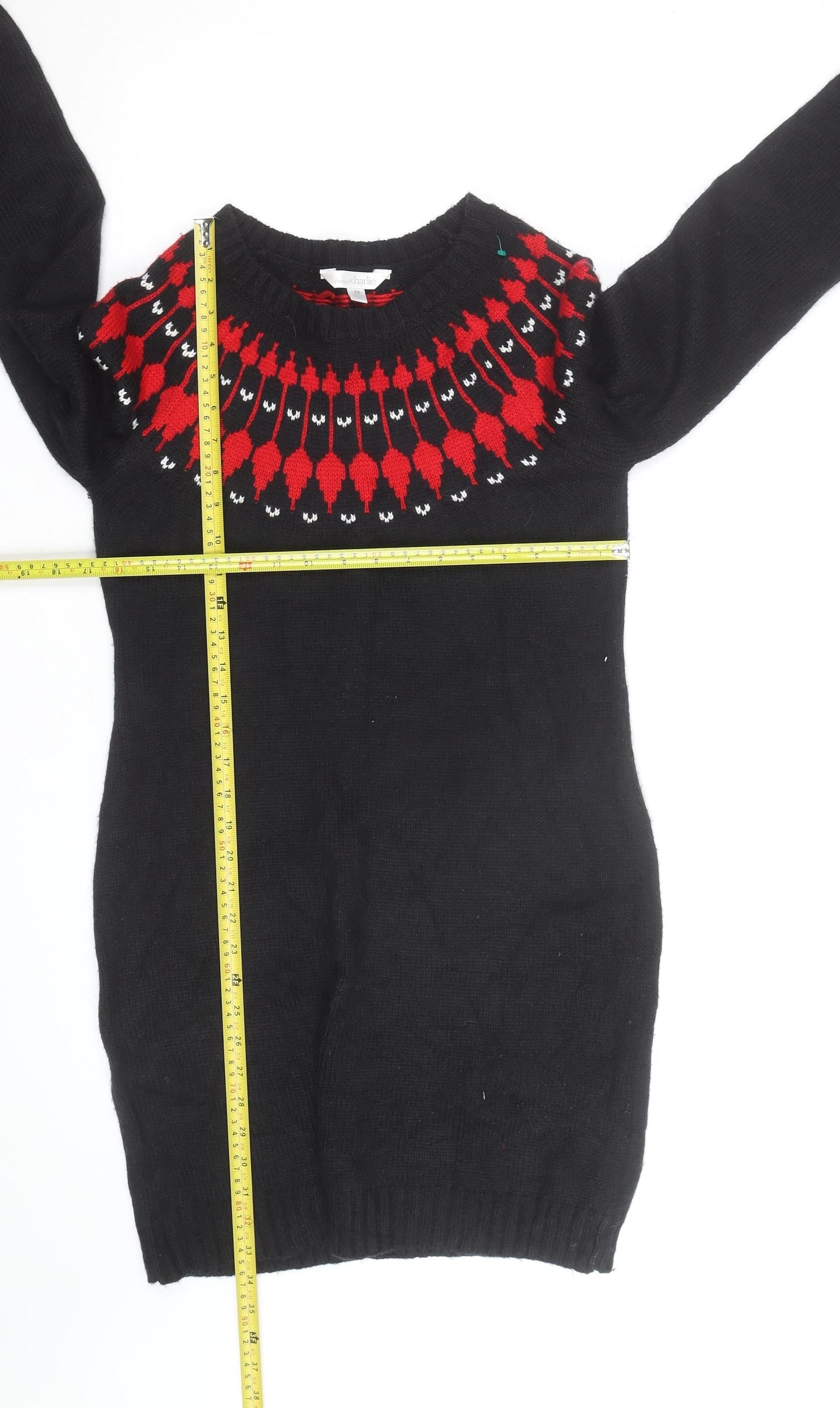 Bonmarche Women’s Black Red Fair Isle Long Sleeve Jumper Dress Size M