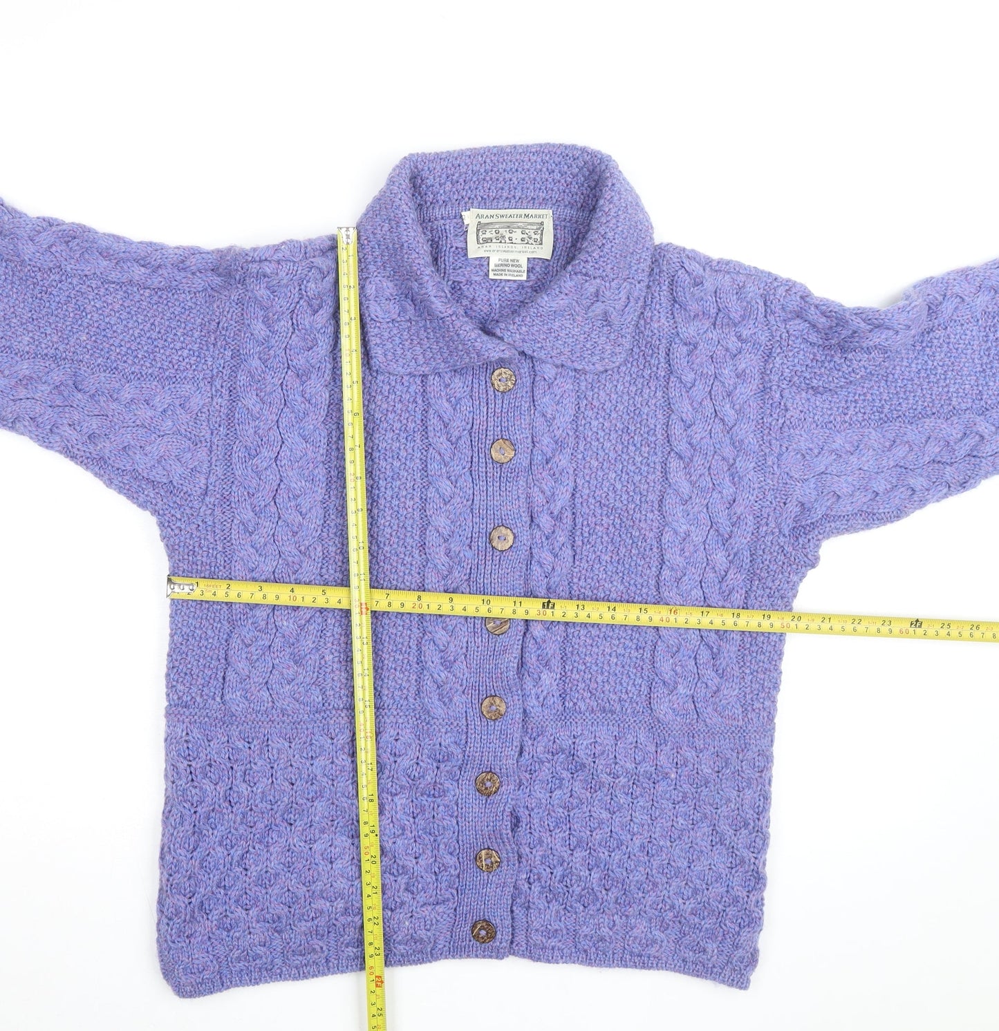 Aran Sweater Market Womens Purple Merino Wool Cable Knit Cardigan S