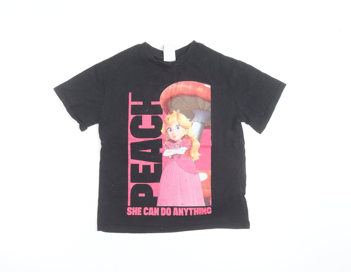 Front view of Next girls’ black super mario princess peach graphic cotton t-shirt 6 years