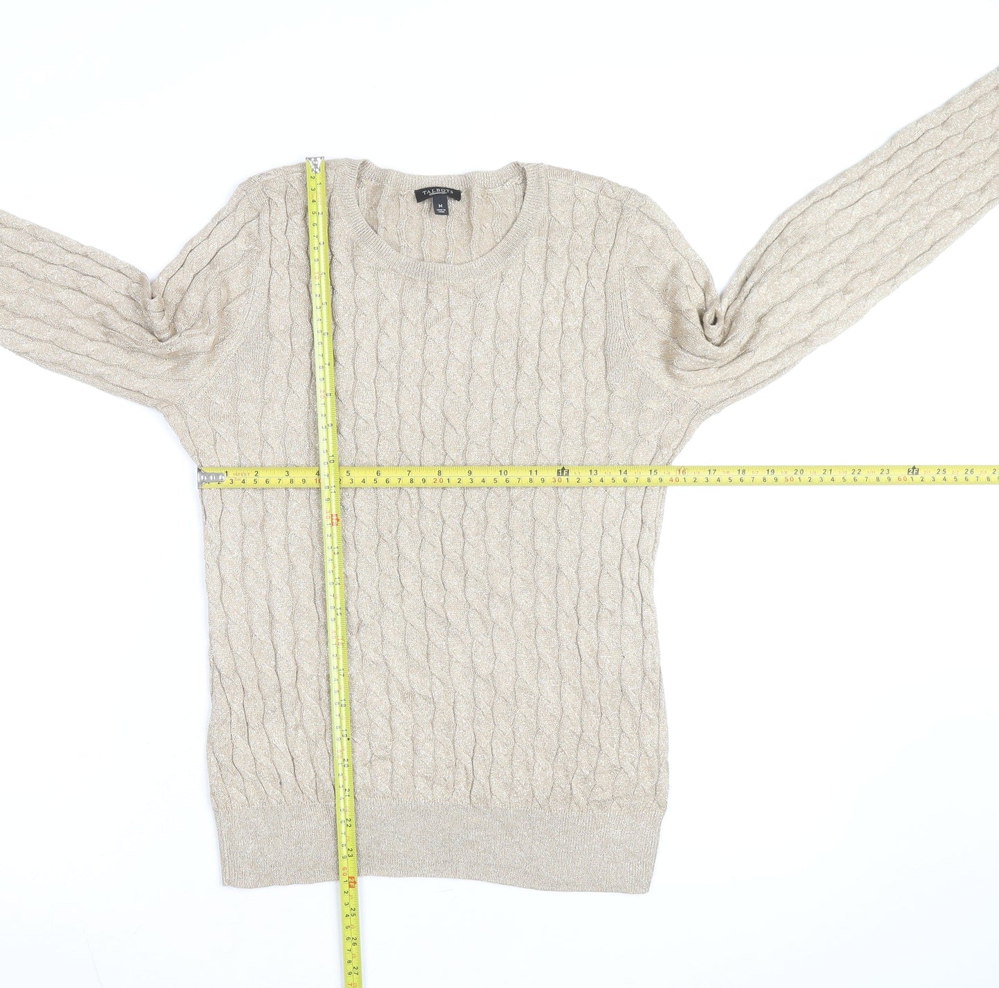 Talbots Women Beige Cable-Knit Crew Neck Jumper Medium