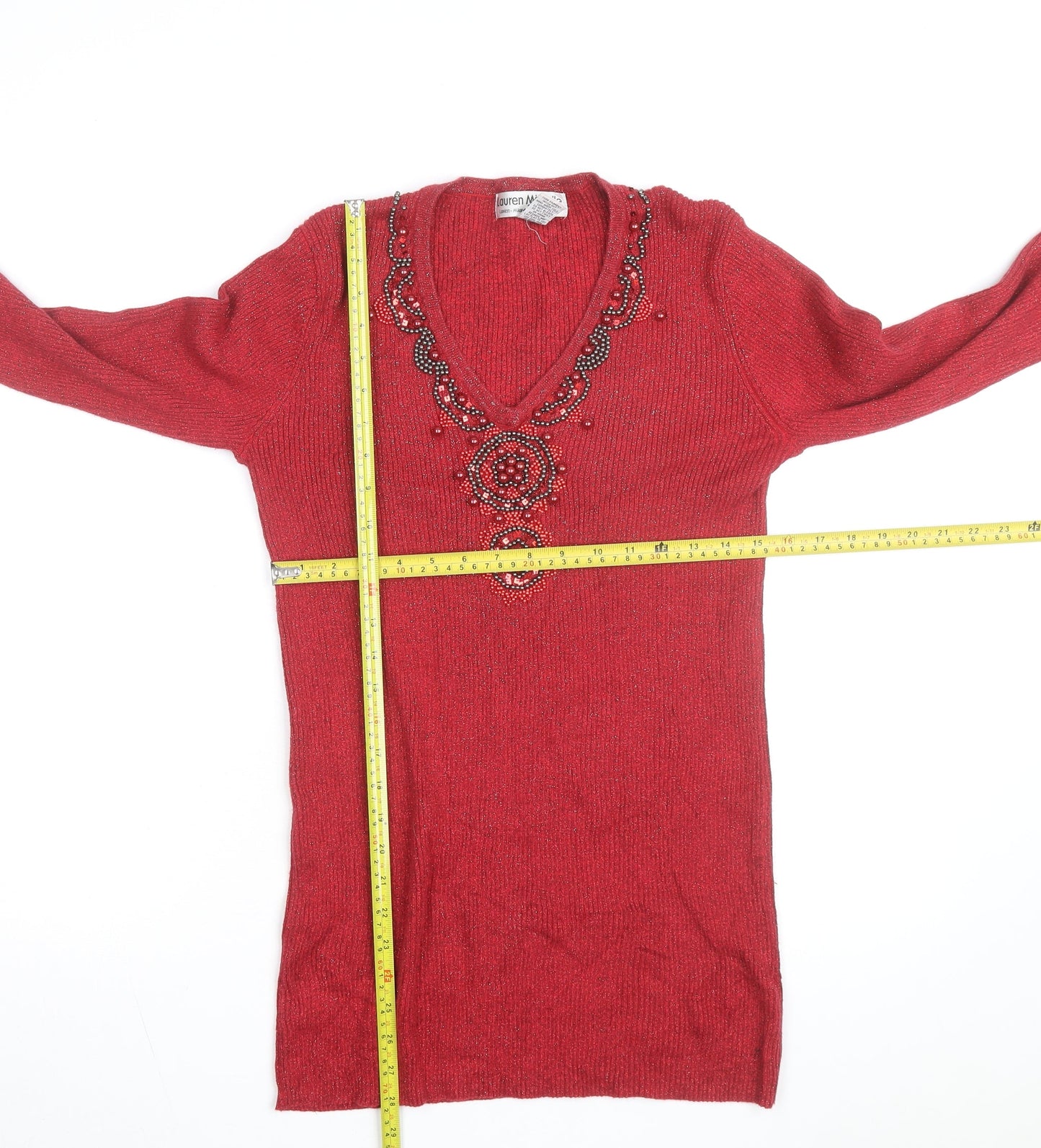 Lauren Michelle Women's Red Beaded V-Neck Knit Jumper Size L