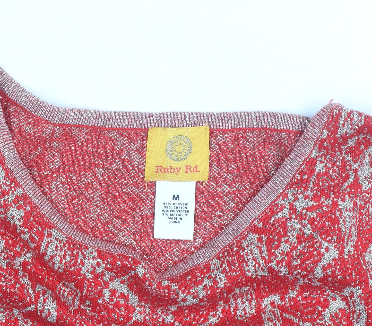 Ruby Rd. Womens Red Metallic Knit 3/4 Sleeve Pullover Jumper Size M