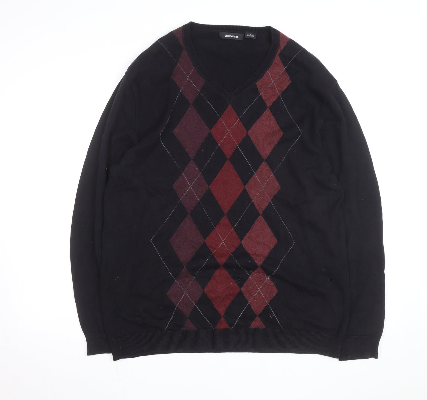 Claiborne Men's Black Argyle Cotton V-Neck Jumper Size L