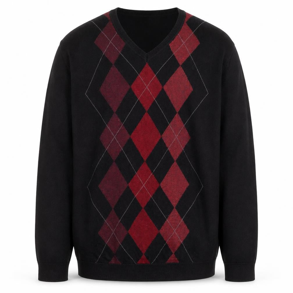 Claiborne Men's Black Argyle Cotton V-Neck Jumper Size L