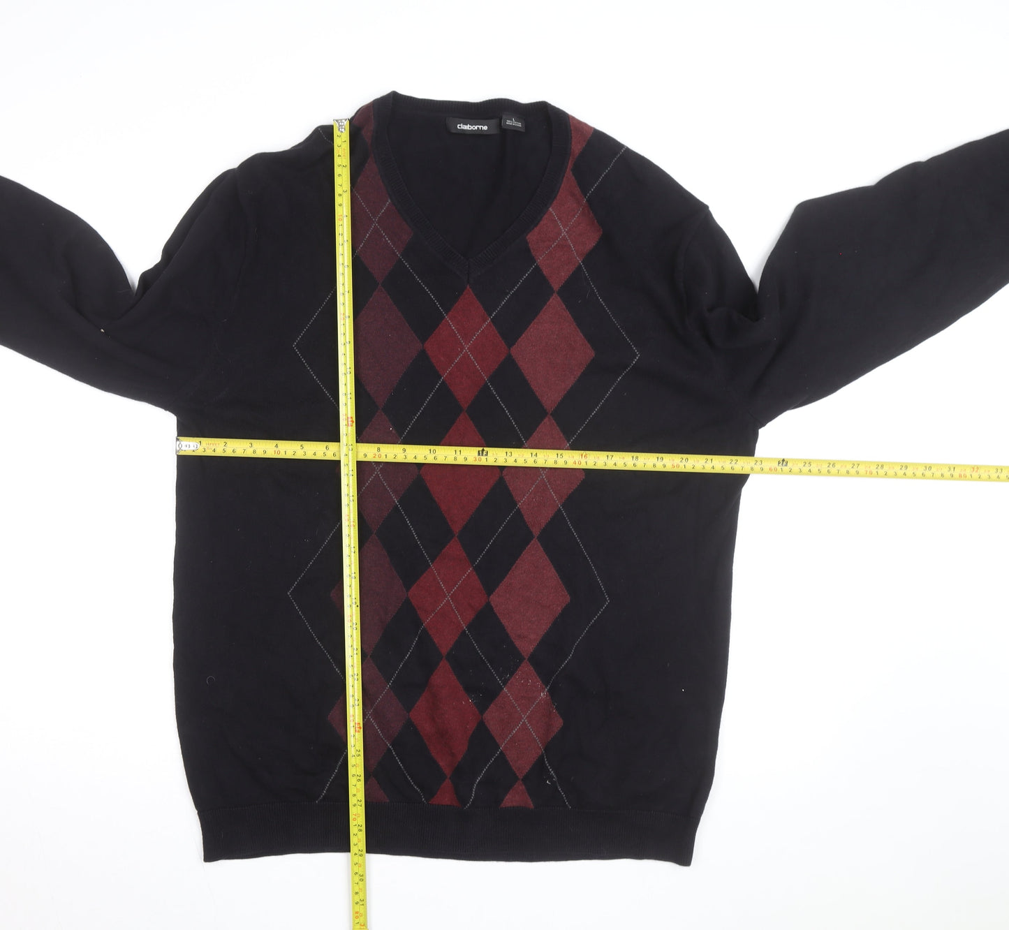 Claiborne Men's Black Argyle Cotton V-Neck Jumper Size L