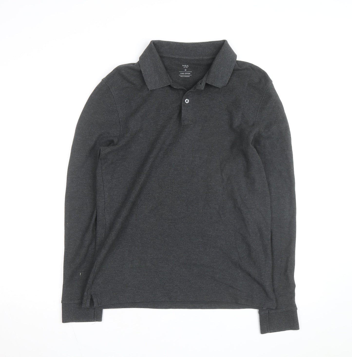 Marks and Spencer Men's Grey Long Sleeve Cotton Polo Shirt M