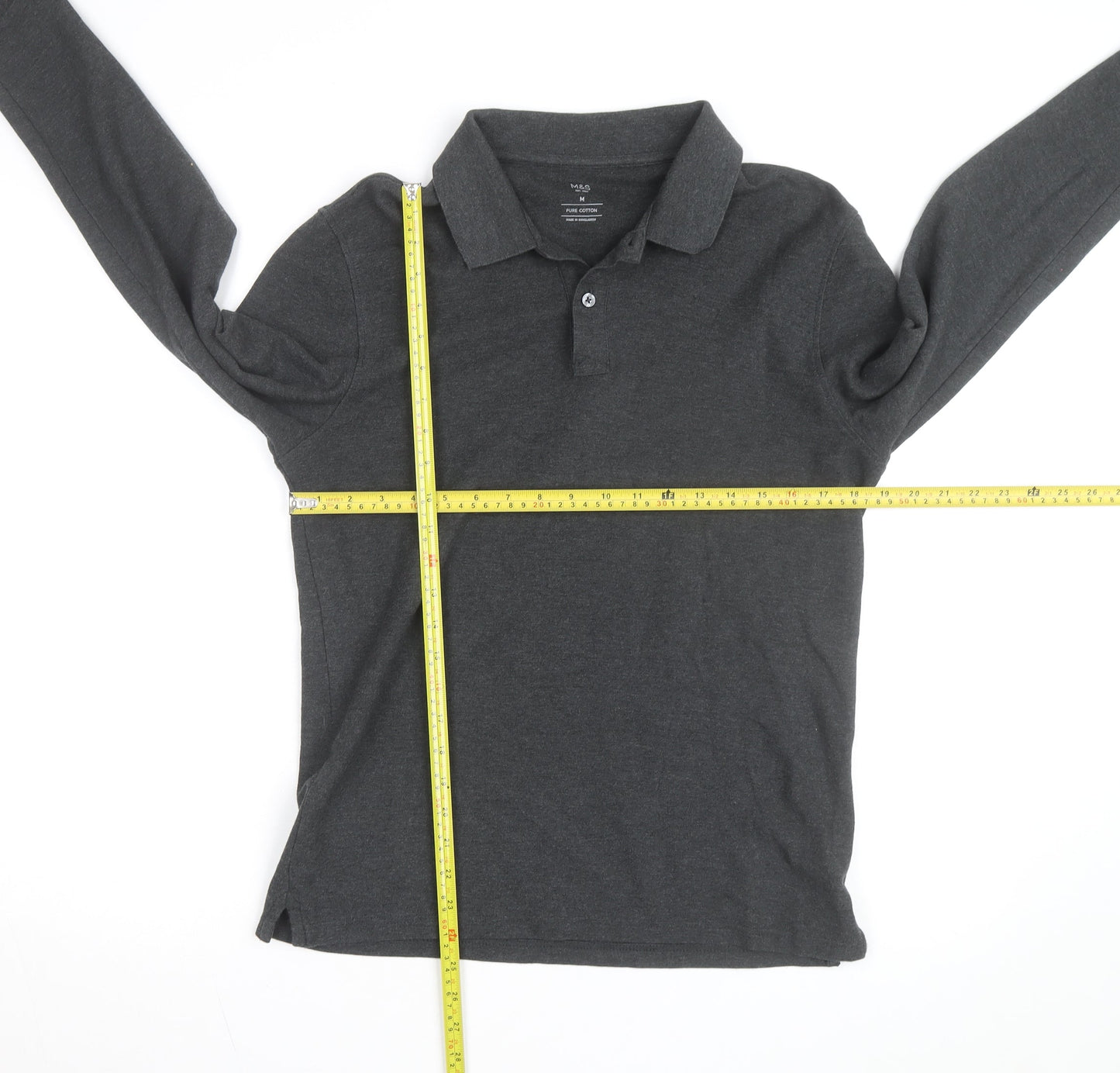 Marks and Spencer Men's Grey Long Sleeve Cotton Polo Shirt M