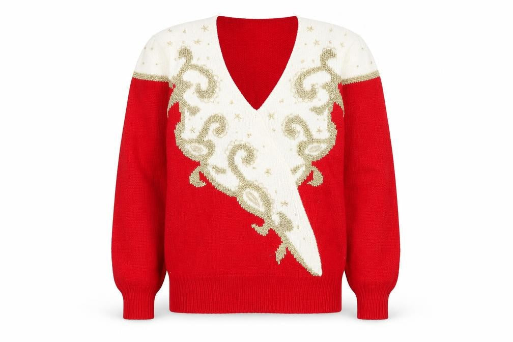 Dana Scott Men's Red Beaded Knit V-Neck Jumper M Classic Winter Style