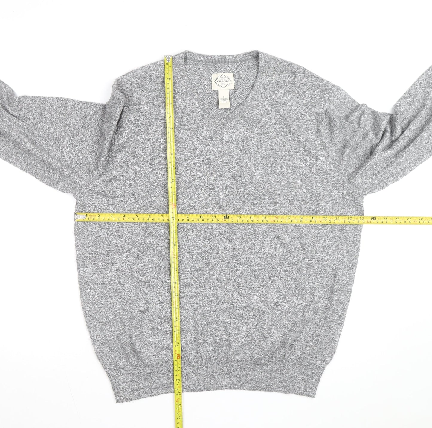 St. John's Bay Men’s Grey V-Neck Cotton Blend Pullover Jumper Size L