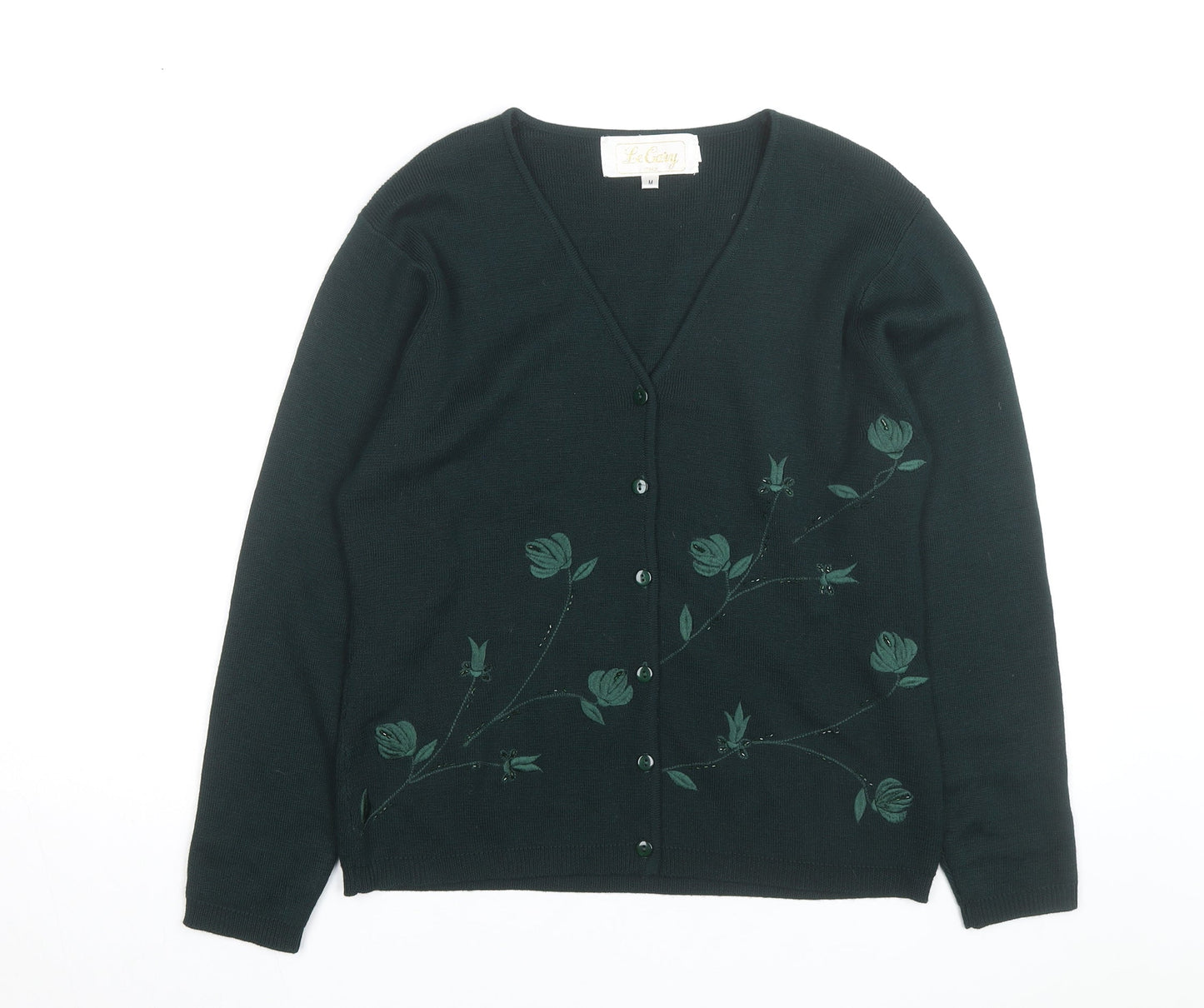 Le Gary Men's Green Wool Embroidered Cardigan M Classic Fit