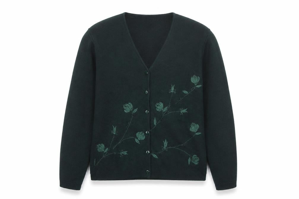 Le Gary Men's Green Wool Embroidered Cardigan M Classic Fit