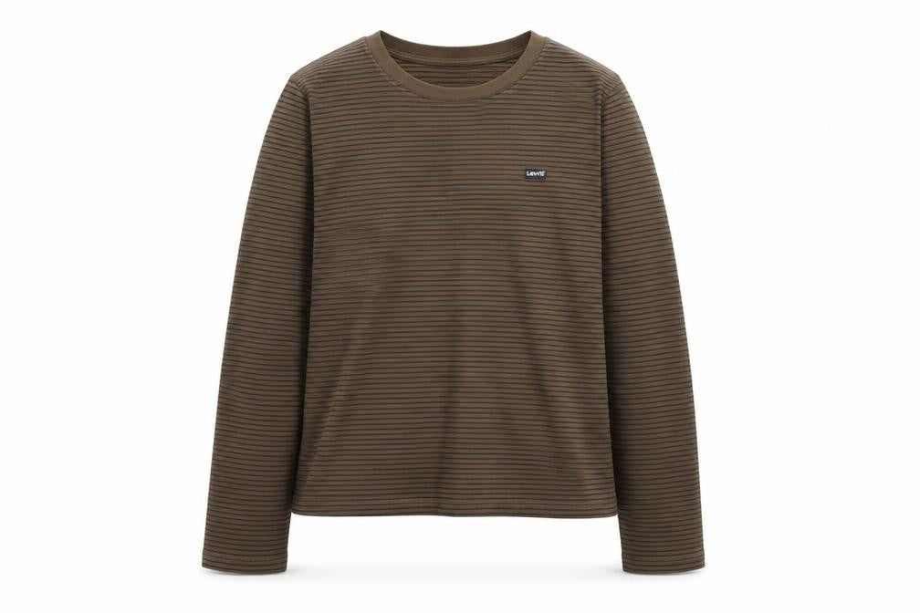 Front view of Levi's girls’ brown striped long sleeve t-shirt, size L, cotton casual top