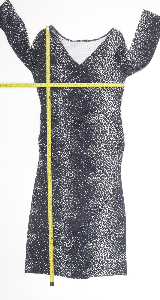 Jaeger Women's Black Geometric V-Neck Bodycon Dress Size 10