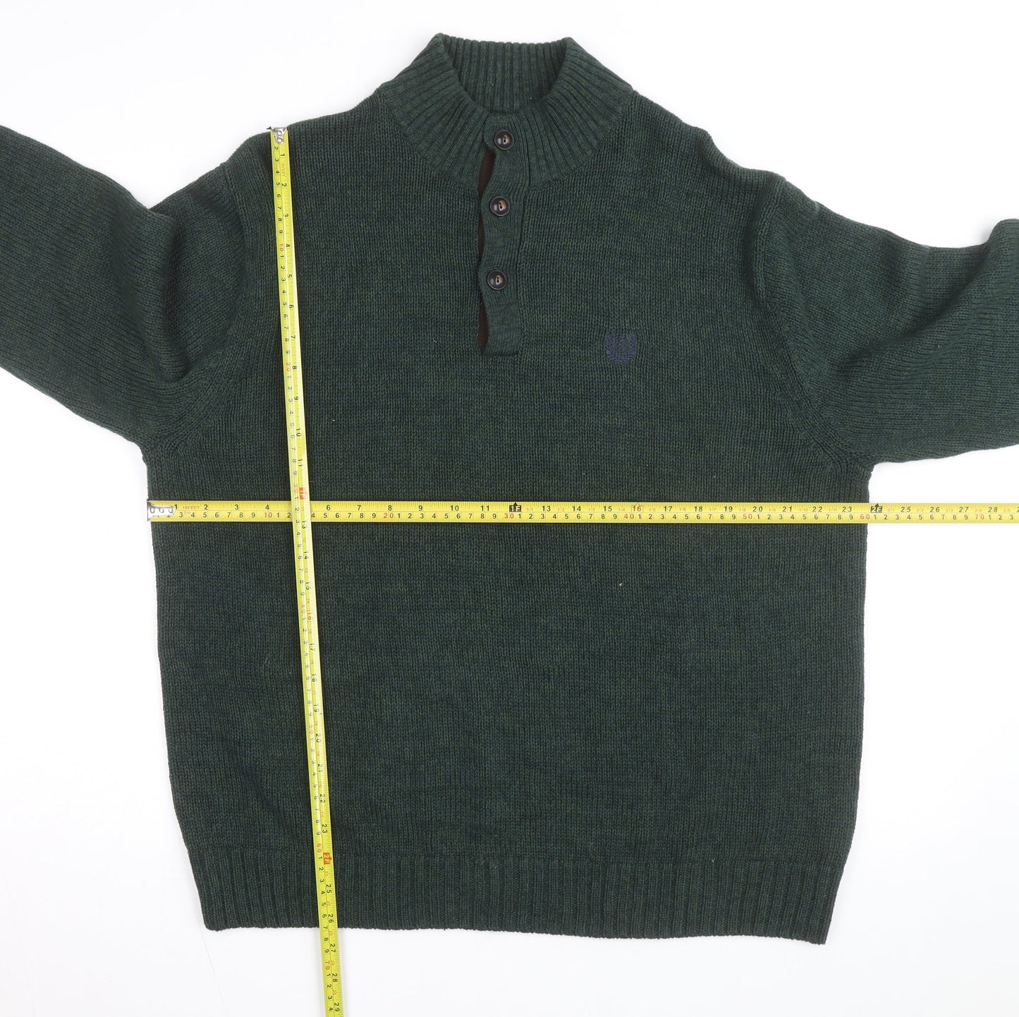 Chaps Men's Green Cotton Henley Jumper XL High Neck Elbow Patches