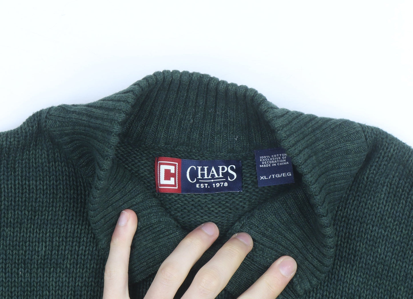Chaps Men's Green Cotton Henley Jumper XL High Neck Elbow Patches