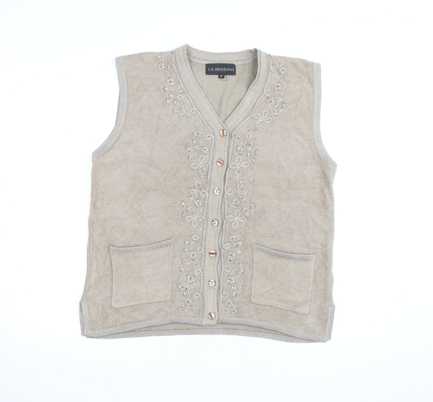 La Madona Women's Beige Embroidered Knit Vest M Classic Floral Style