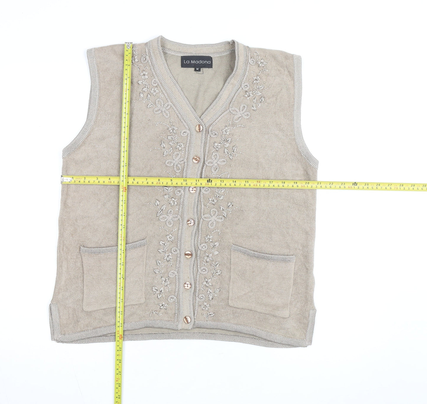 La Madona Women's Beige Embroidered Knit Vest M Classic Floral Style