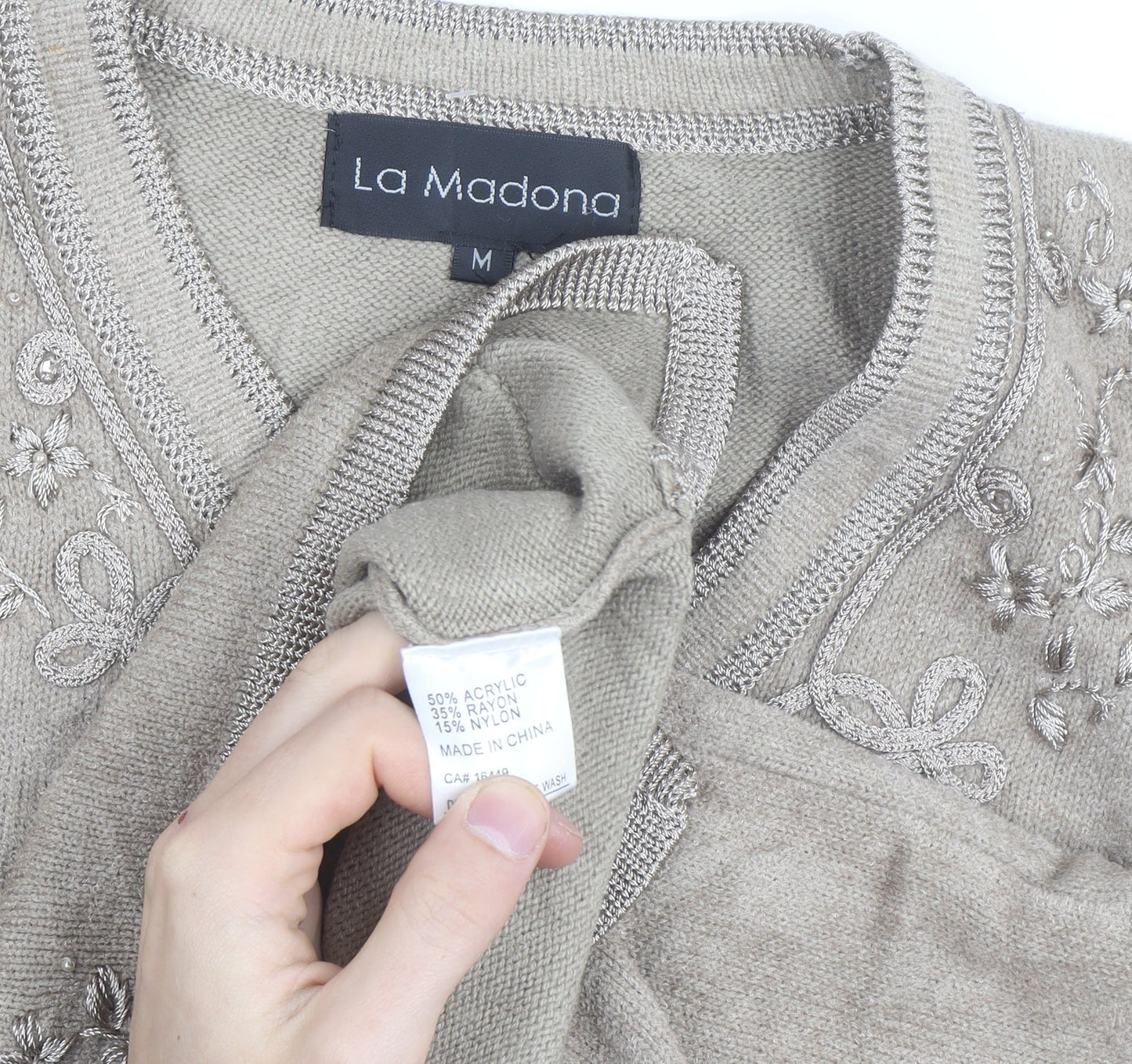 La Madona Women's Beige Embroidered Knit Vest M Classic Floral Style