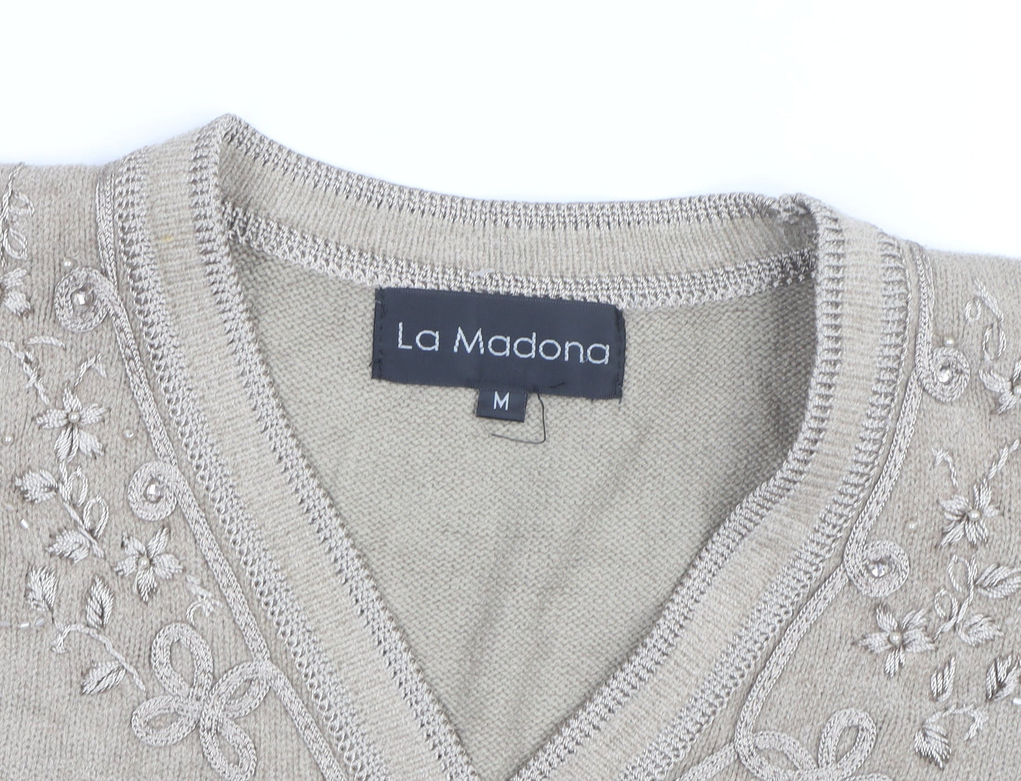La Madona Women's Beige Embroidered Knit Vest M Classic Floral Style