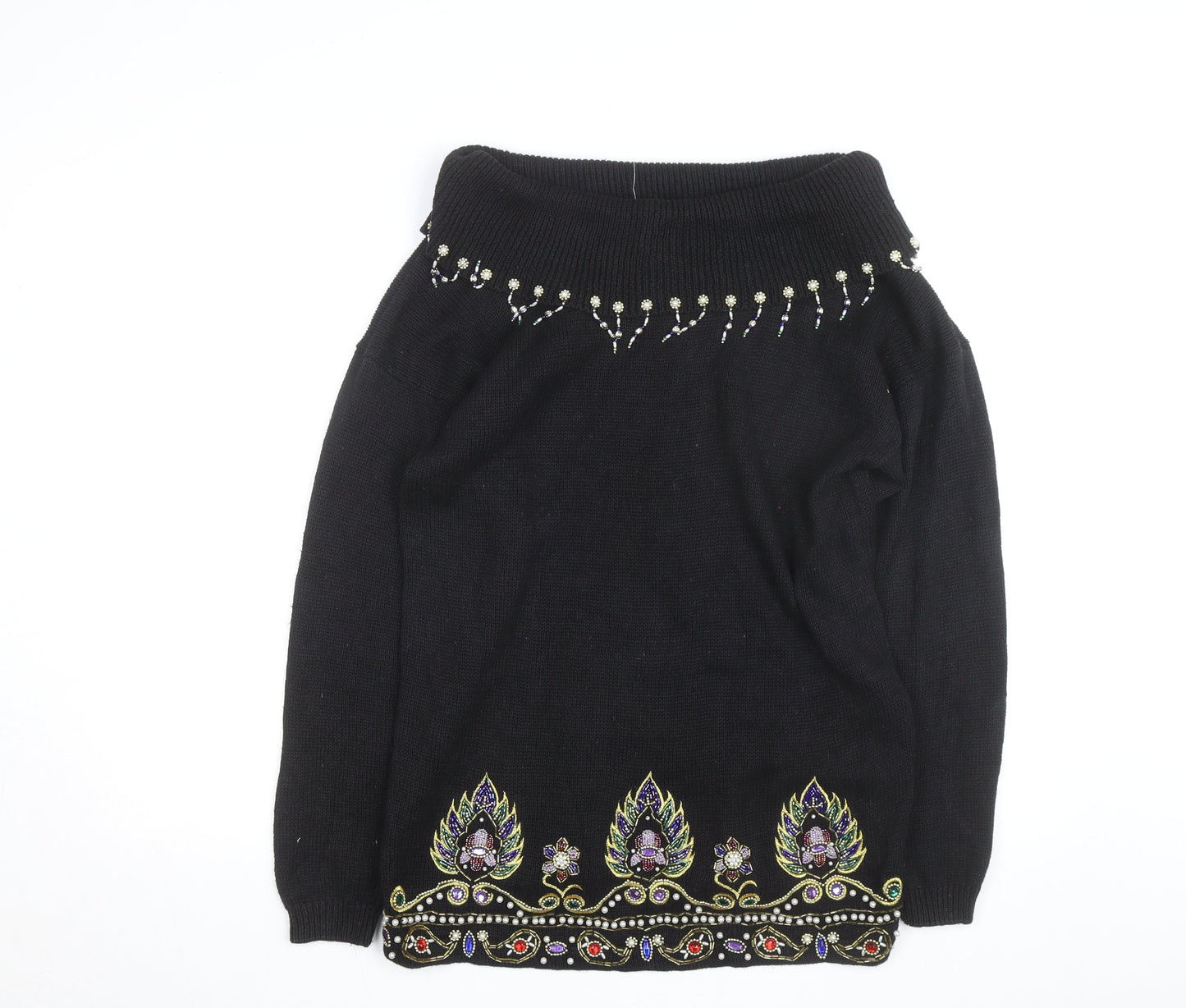 Victoria Jones Women's Black Beaded Bohemian Knit Jumper Size S
