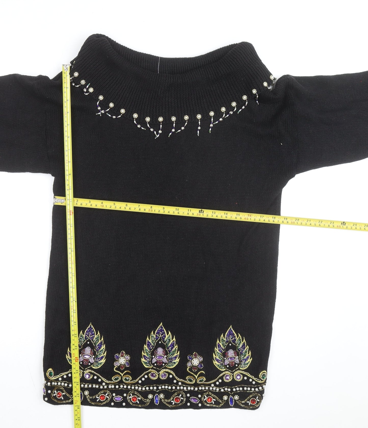 Victoria Jones Women's Black Beaded Bohemian Knit Jumper Size S