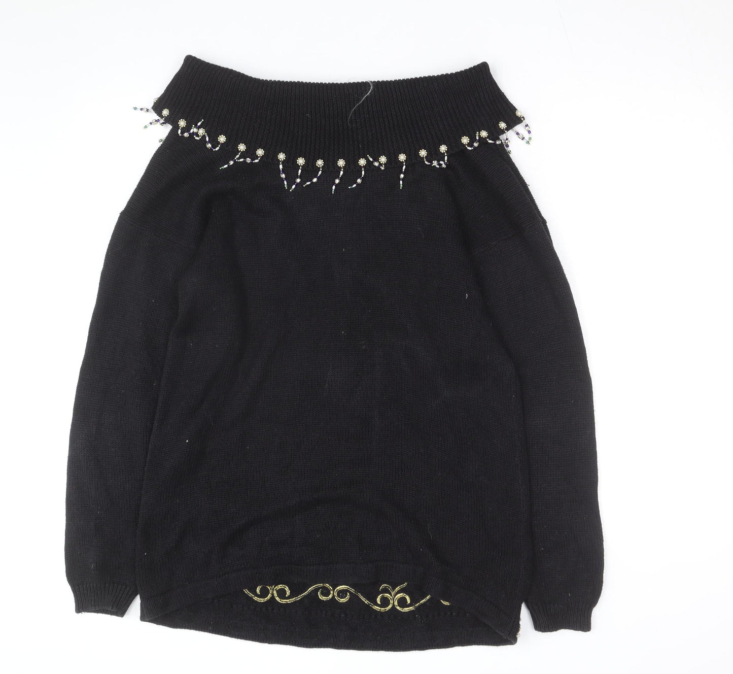 Victoria Jones Women's Black Beaded Bohemian Knit Jumper Size S