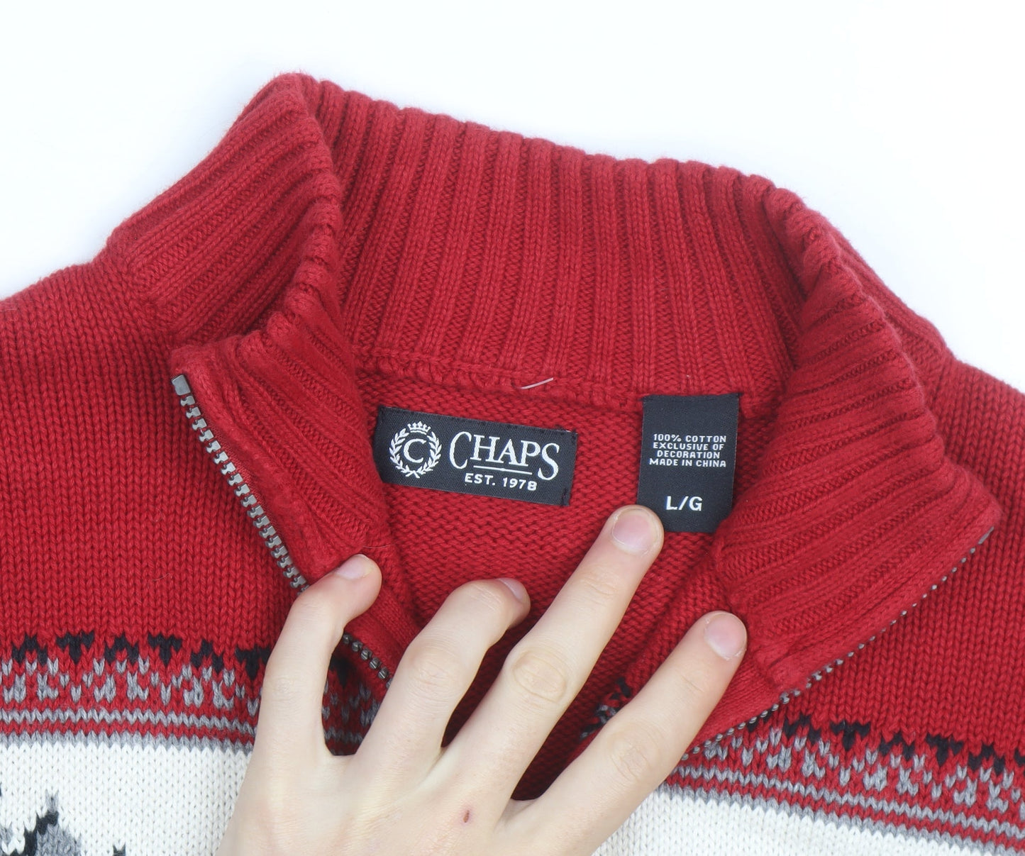 Chaps Men's Red Cotton 1/4 Zip Moose Knit Jumper L