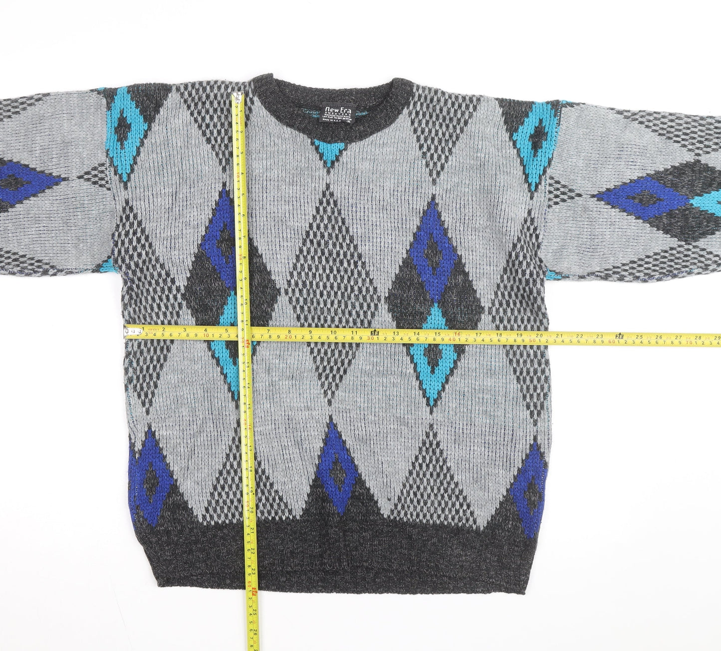 New Era Men's Grey Argyle Knit Pullover Jumper Size M Retro Vintage