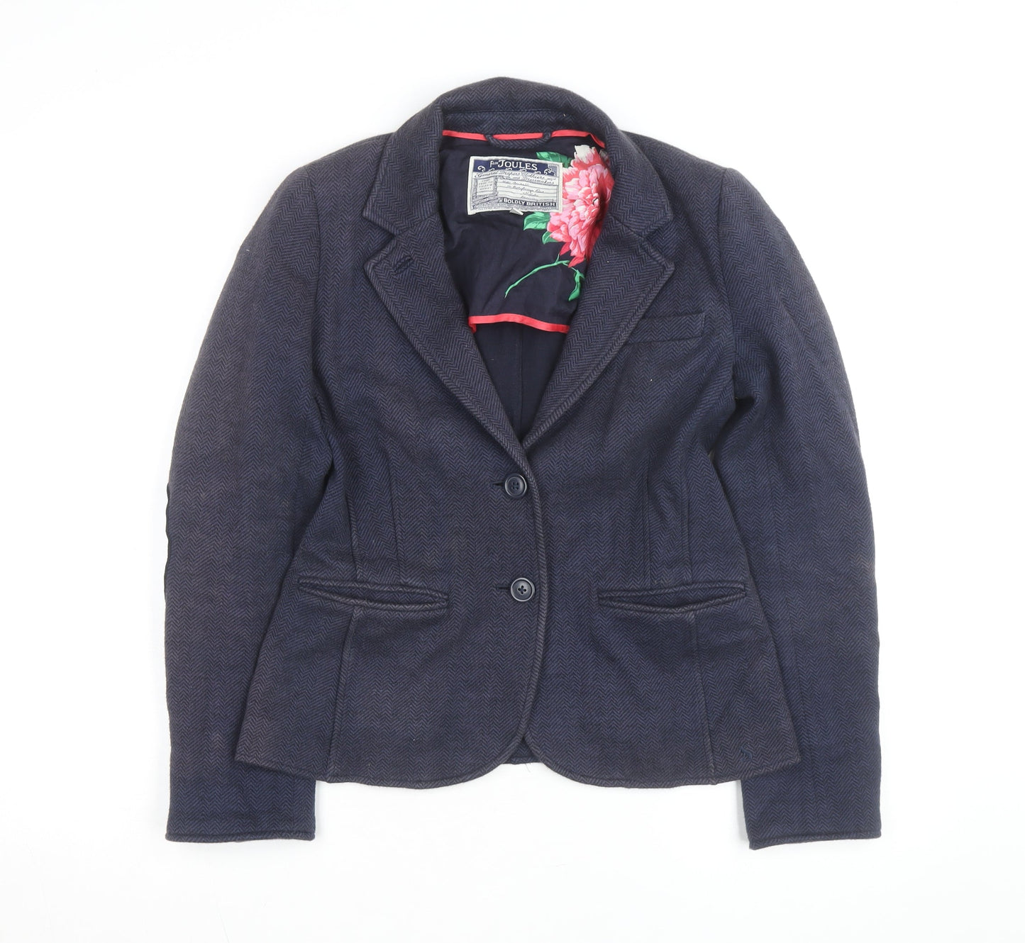 Joules Women's Navy Wool Blend Herringbone Blazer Size 10 Slim Fit