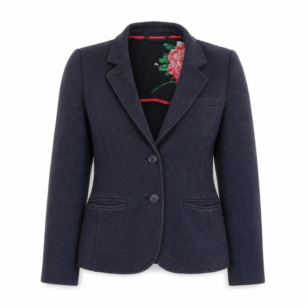 Joules Women's Navy Wool Blend Herringbone Blazer Size 10 Slim Fit
