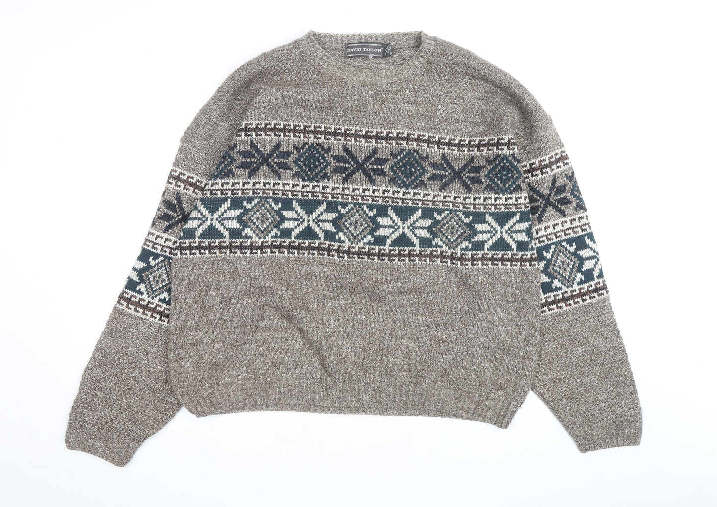 David Taylor Men's Brown Fair Isle Crew Neck Acrylic Jumper L