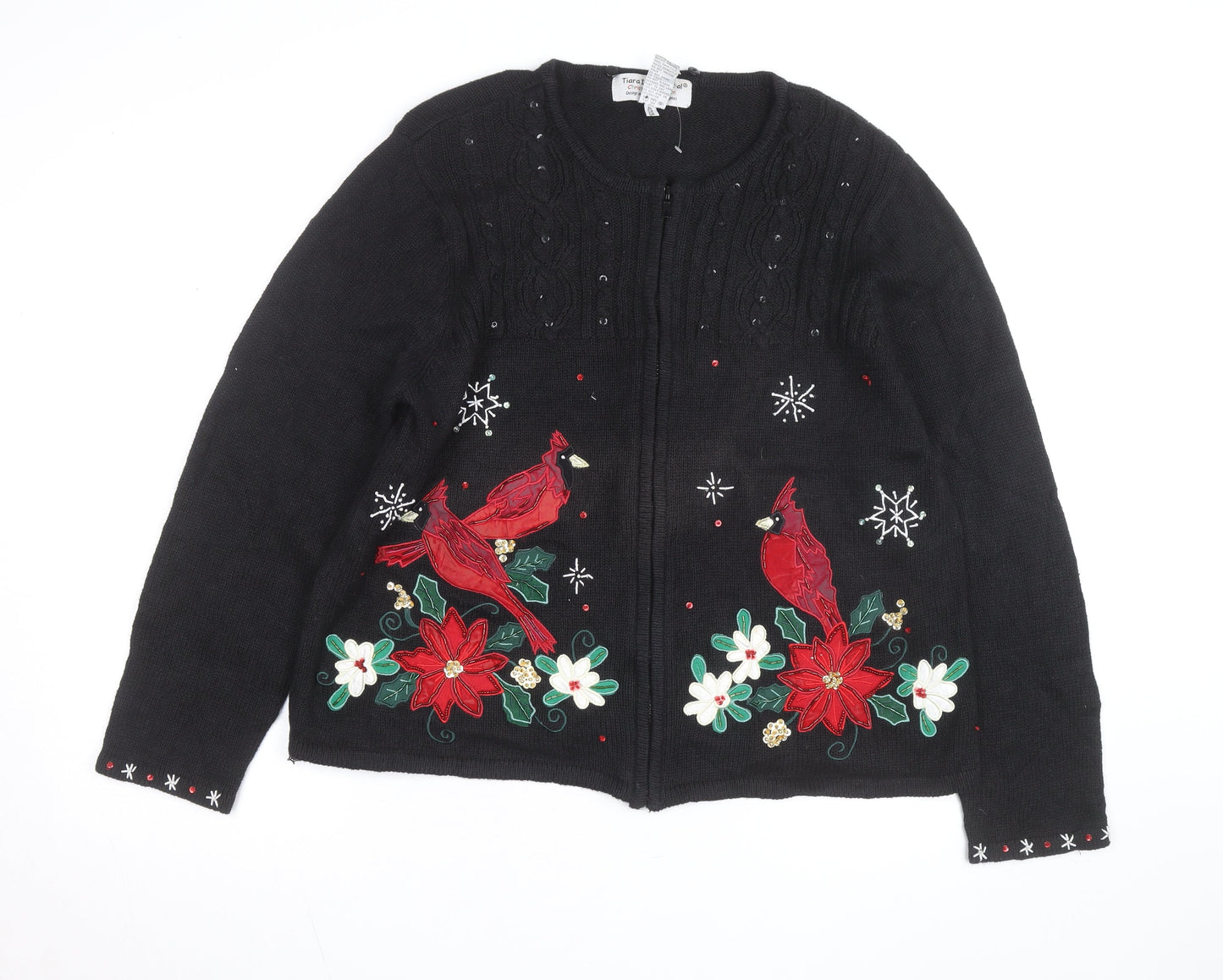 Tiara International Women’s Black Christmas Cardigan XL Embroidered Zip Knit