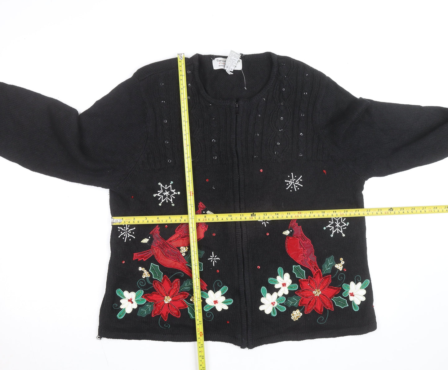 Tiara International Women’s Black Christmas Cardigan XL Embroidered Zip Knit