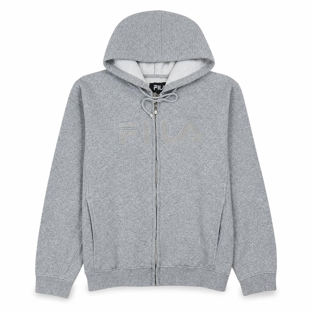 Front view of Fila men’s grey full zip hoodie l logo sports cotton blend sweatshirt