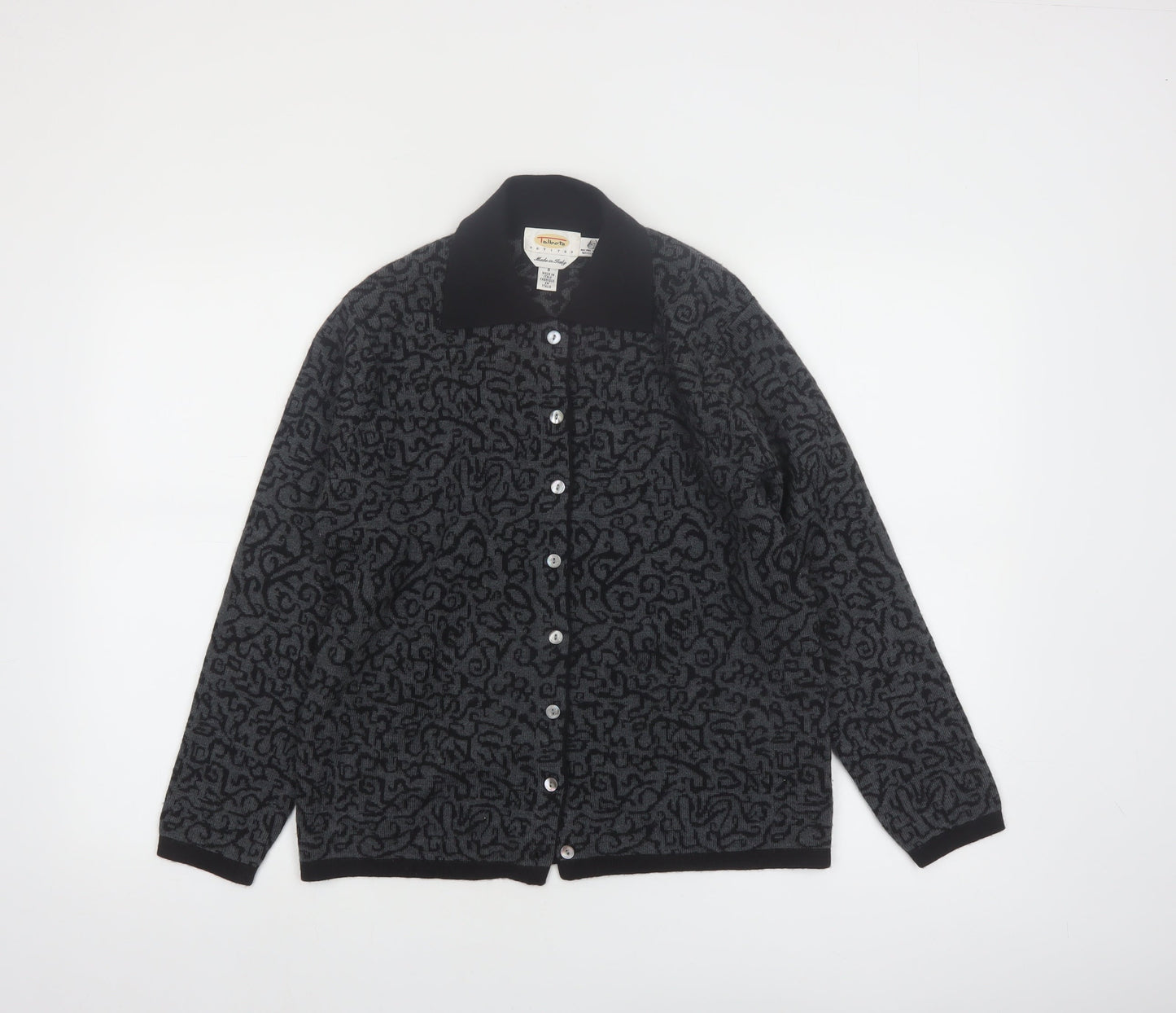 Talbots Petites Women Black Grey Cardigan Small 100% Merino Wool Made in Italy