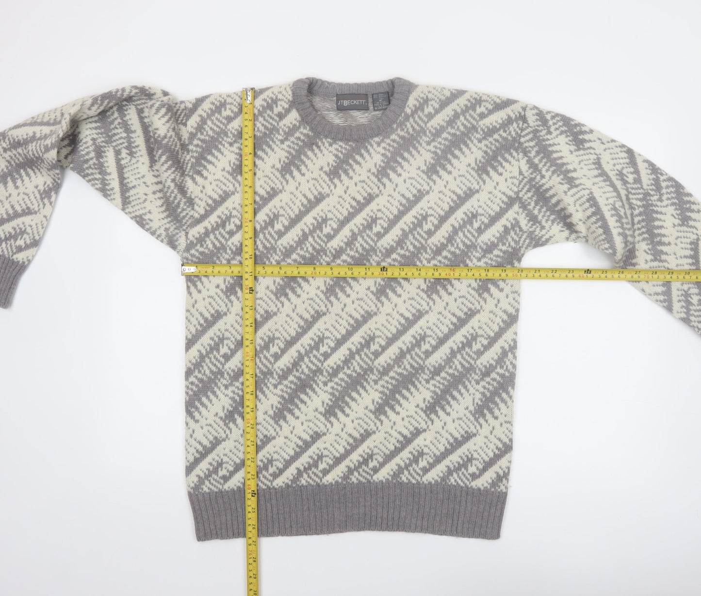 J.T. Beckett Men's Grey Wool Blend Geometric Pullover Jumper L