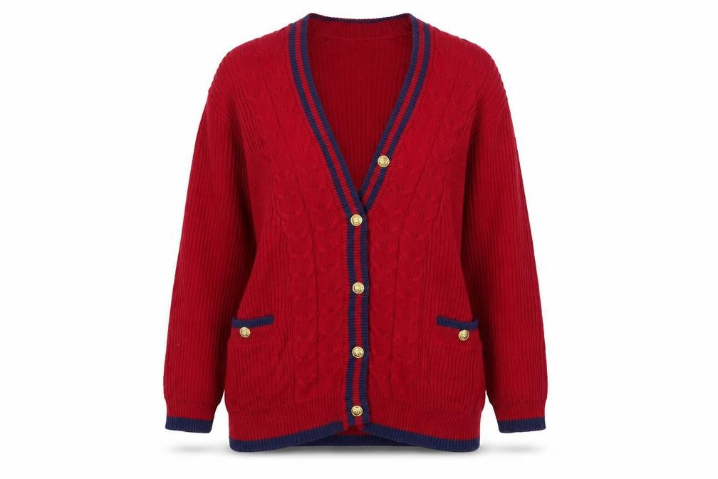 Chaus Sport Women's Red Cable-Knit Cardigan M V-Neck Button Front