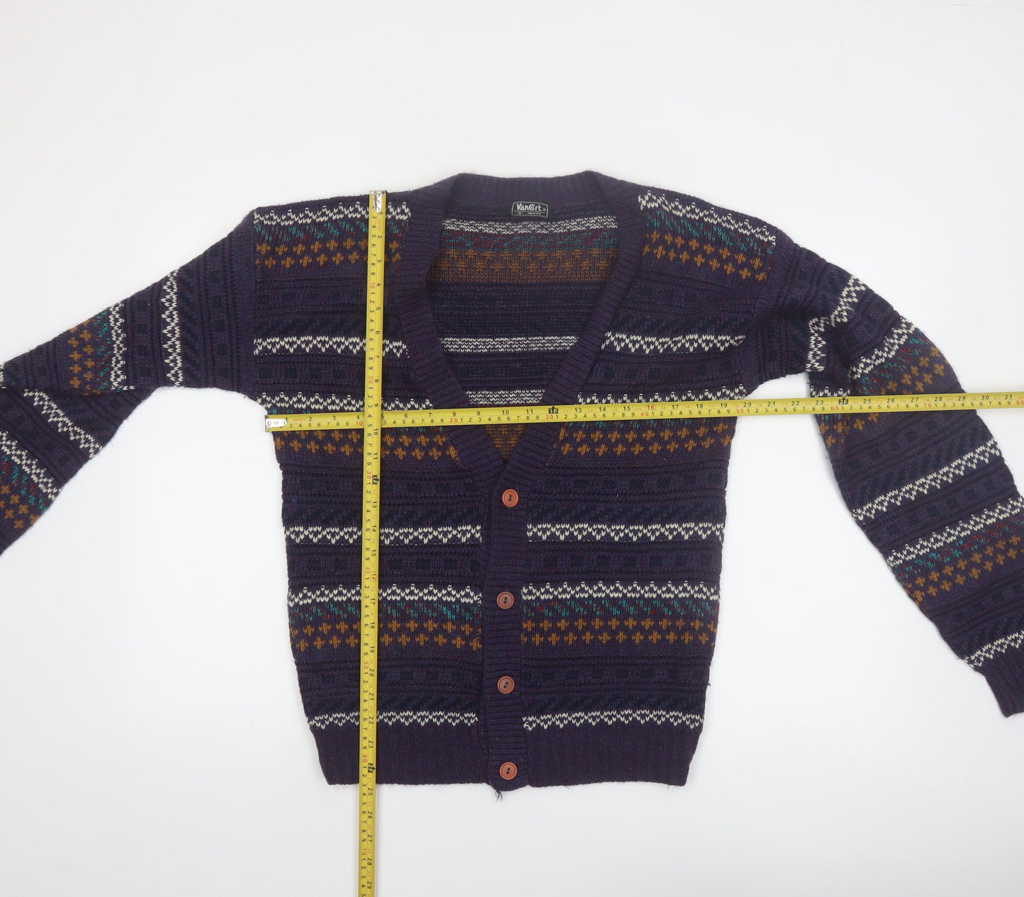 Van Cort Men's Blue Fair Isle Acrylic Cardigan Sweater S
