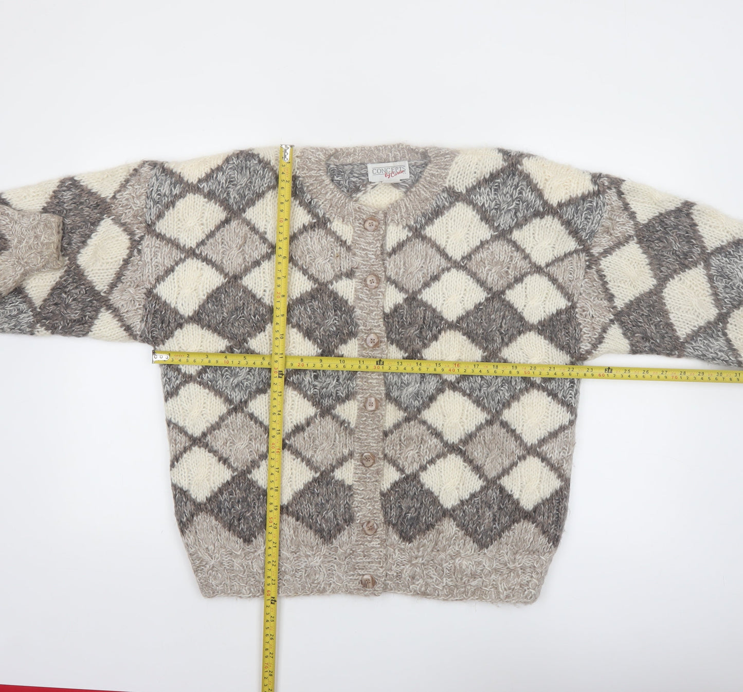 Concepts by Caren Women's Beige Argyle Knit Acrylic Cardigan Size S