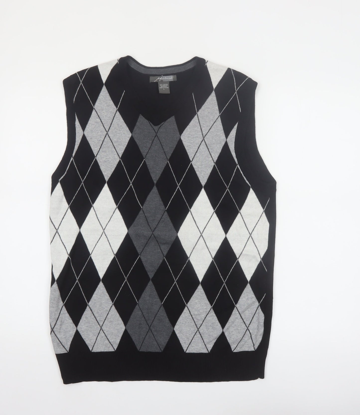Method Men's Black Argyle V-Neck Sleeveless Vest Jumper L Cotton Blend