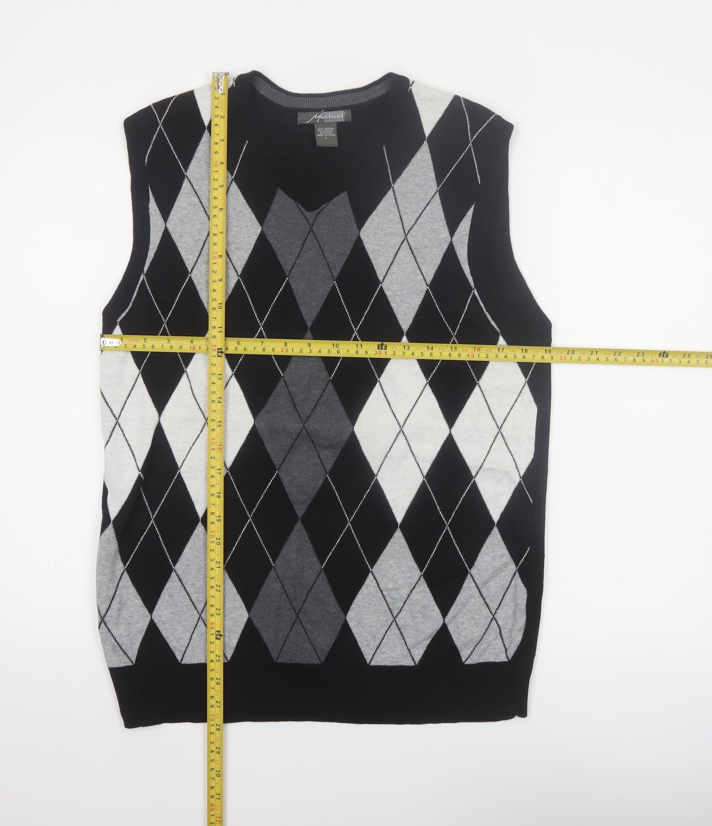 Method Men's Black Argyle V-Neck Sleeveless Vest Jumper L Cotton Blend