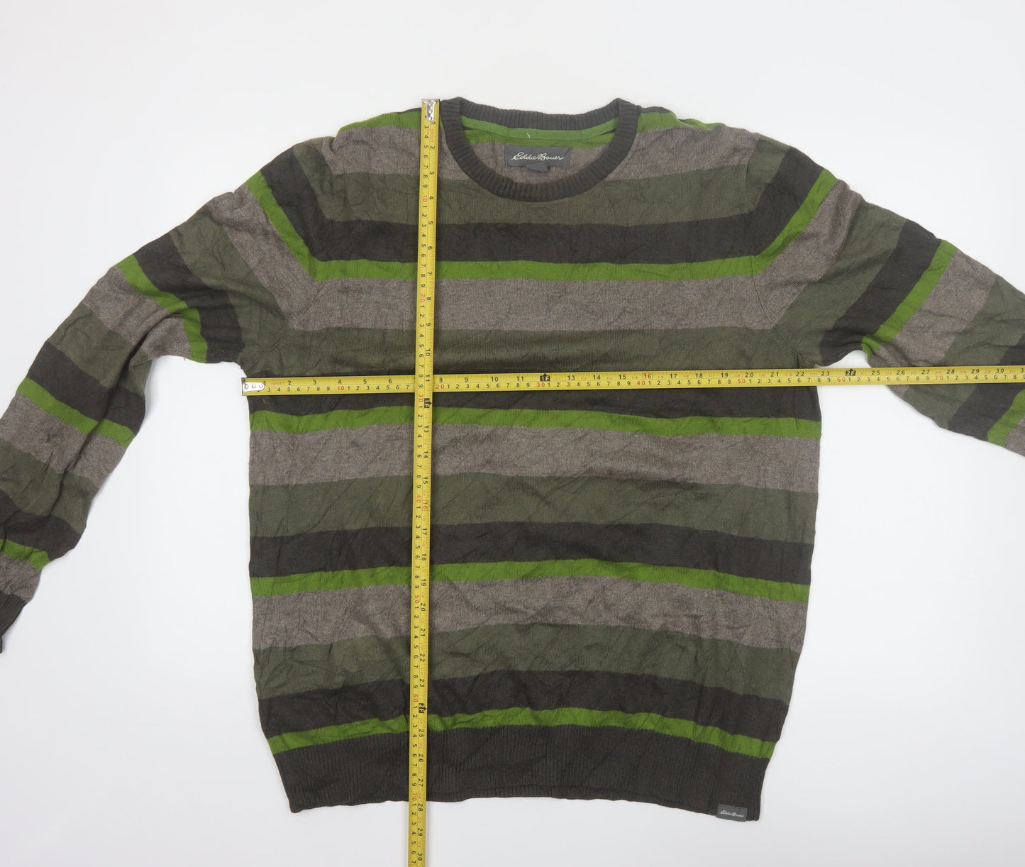 Eddie Bauer Men's Green Striped Crew Neck Cotton Wool Jumper L