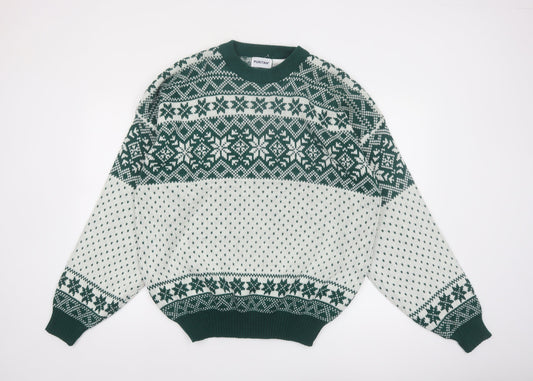 Puritan Men's Green Fair Isle Knit Jumper XL Winter Pullover