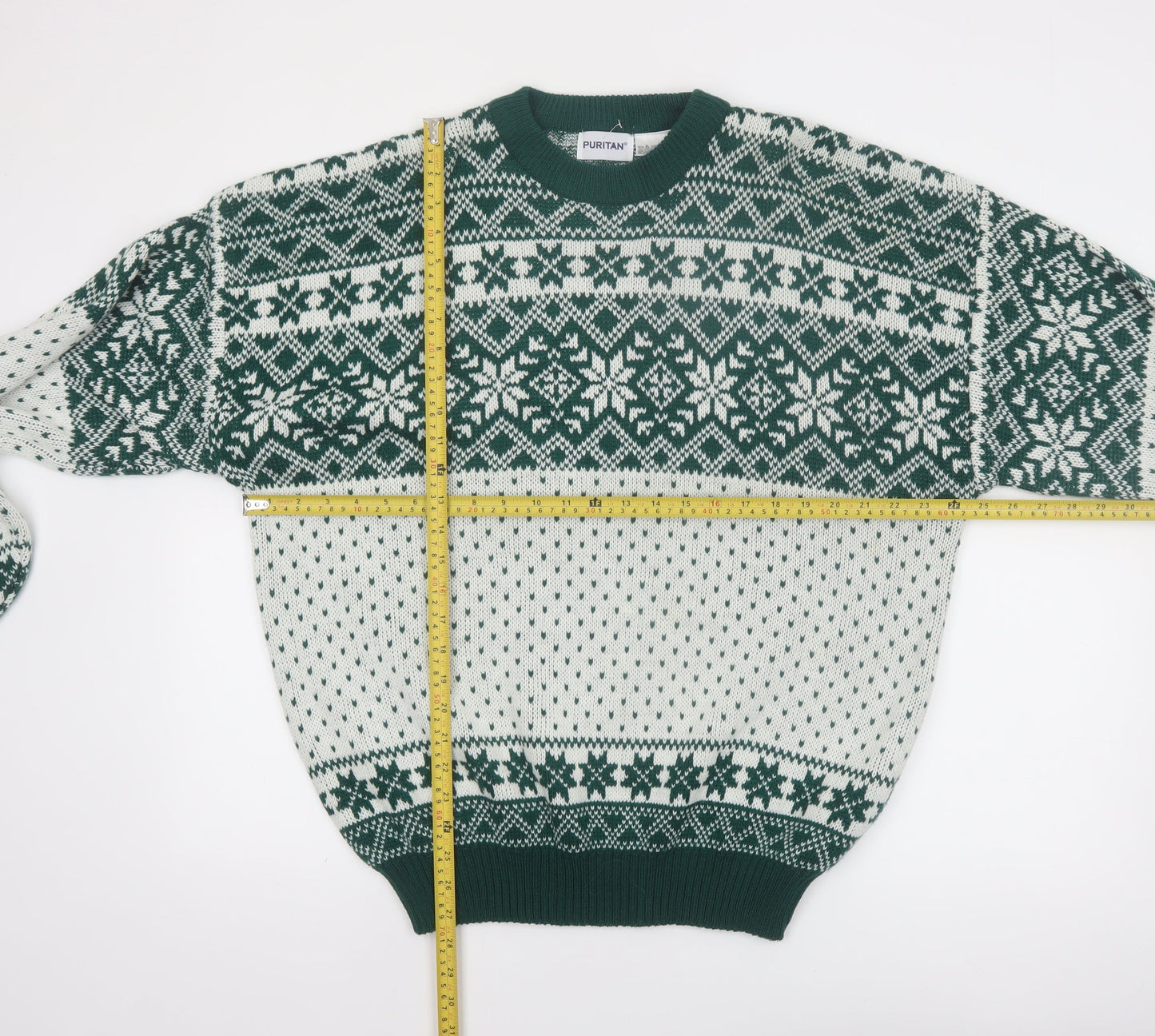 Puritan Men's Green Fair Isle Knit Jumper XL Winter Pullover