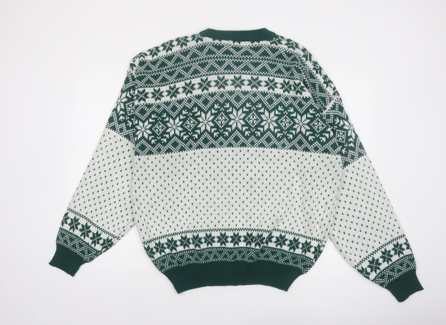 Puritan Men's Green Fair Isle Knit Jumper XL Winter Pullover