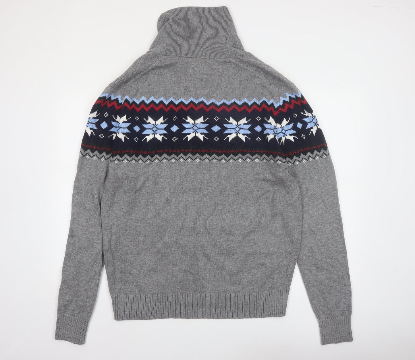 St John's Bay Men's Grey Fair Isle Roll Neck Cotton Pullover Jumper L