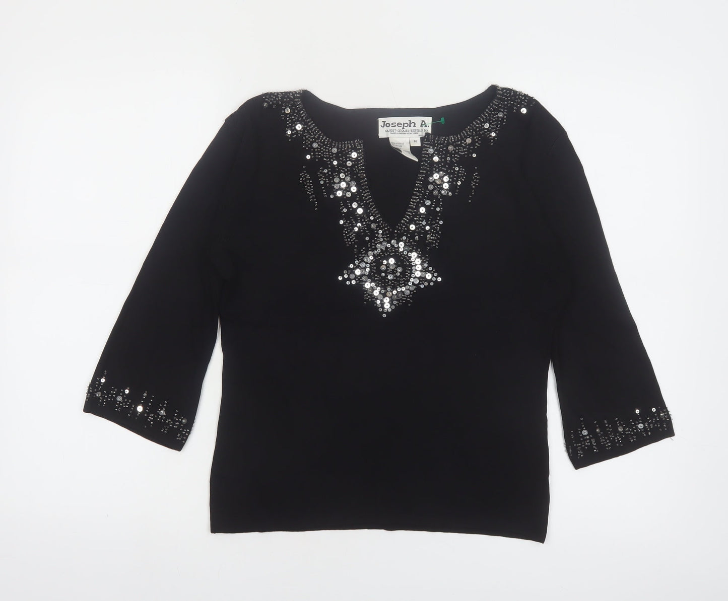 Joseph A Women's Black Beaded Sequin V-Neck 3/4 Sleeve Pullover Jumper M