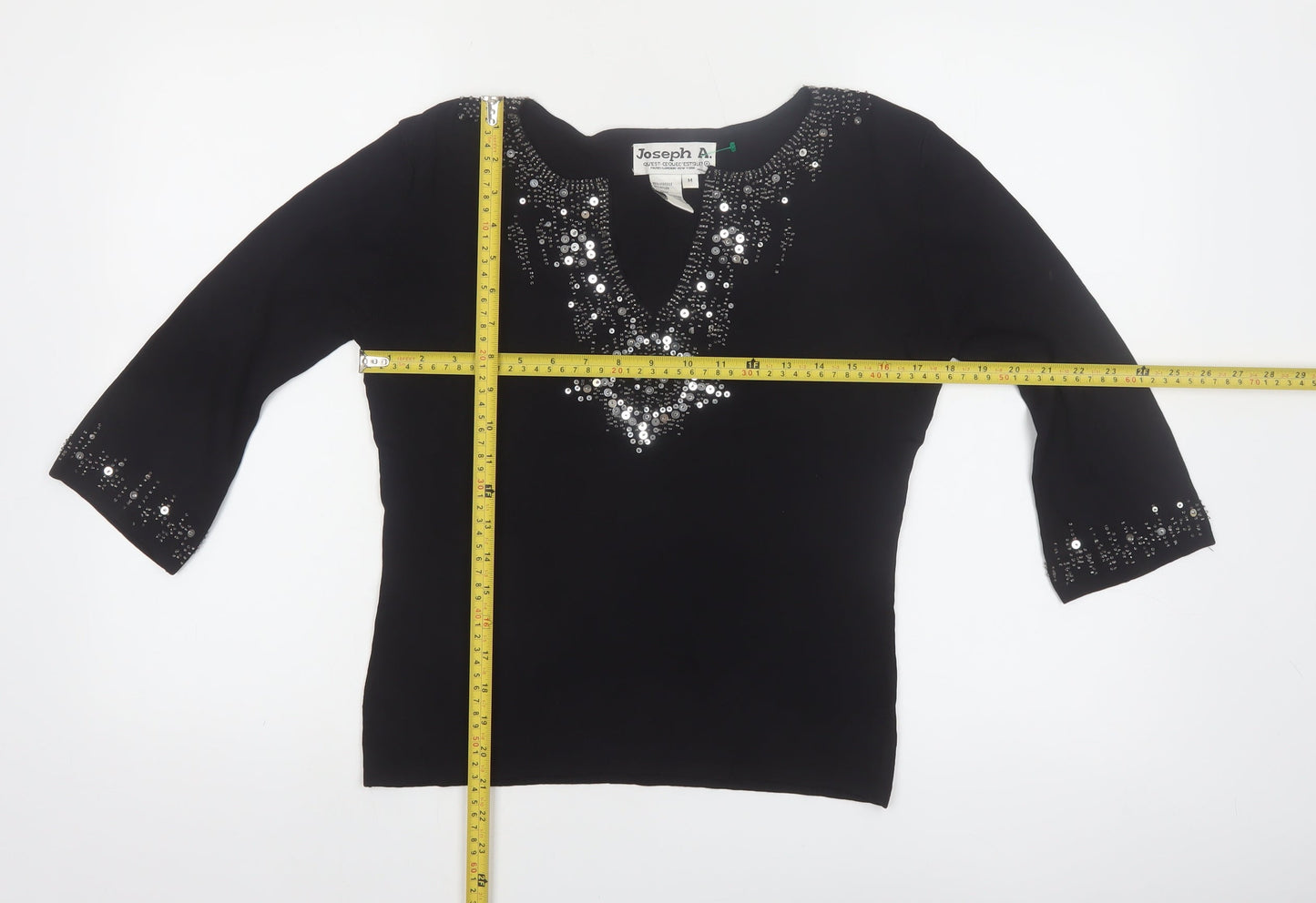 Joseph A Women's Black Beaded Sequin V-Neck 3/4 Sleeve Pullover Jumper M
