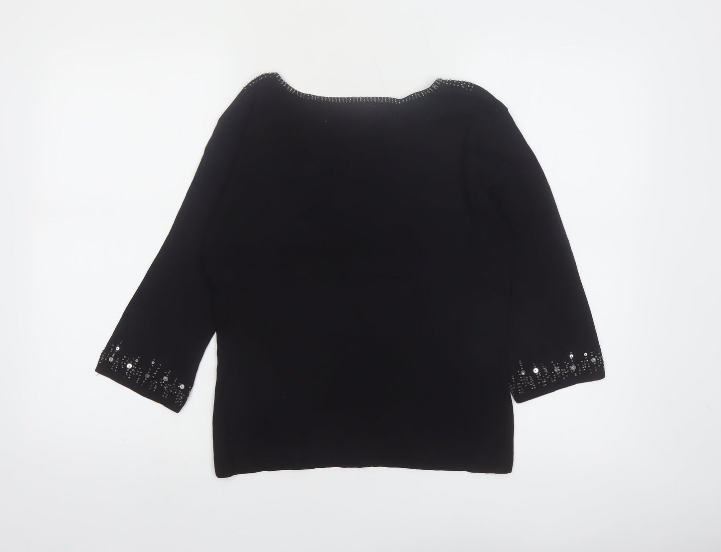 Joseph A Women's Black Beaded Sequin V-Neck 3/4 Sleeve Pullover Jumper M
